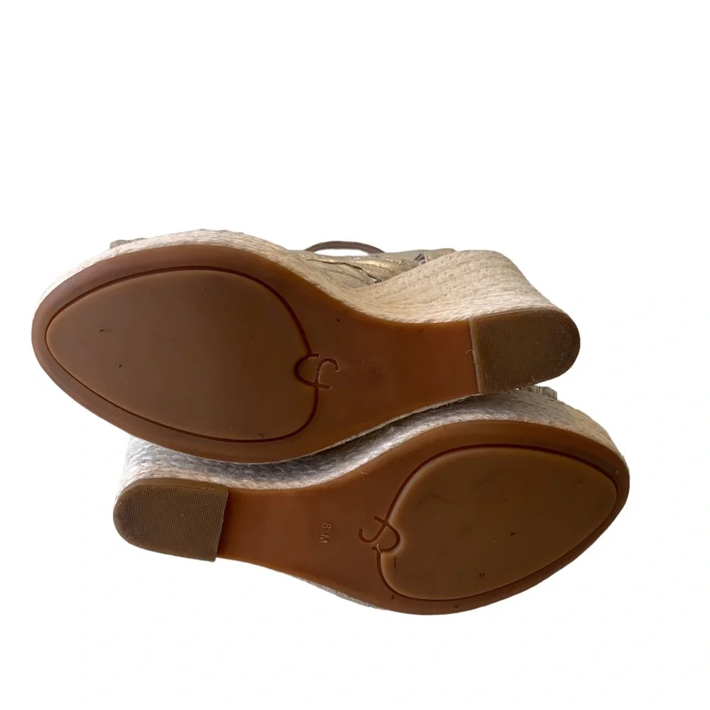 JOAN & DAVID METALLIC GOLD LEATHER STRAP ESPADRILLE WEDGE SANDALS